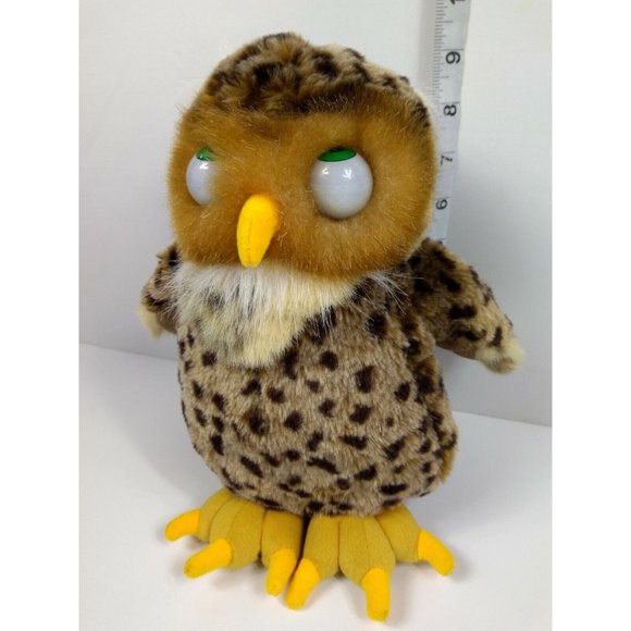 Vintage Eyenimal 9" Brown Mottled Owl Plushie With Big Green Moving Eyes - Picture 7 of 9